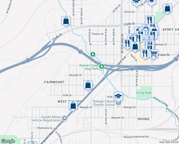 map of restaurants, bars, coffee shops, grocery stores, and more near 111 North 63rd Avenue West in Duluth