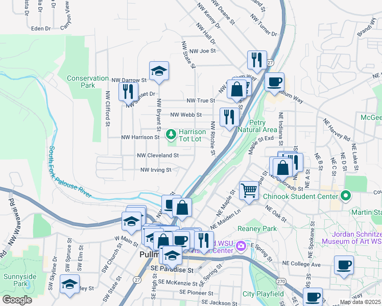 map of restaurants, bars, coffee shops, grocery stores, and more near 312 Northwest Cleveland Street in Pullman