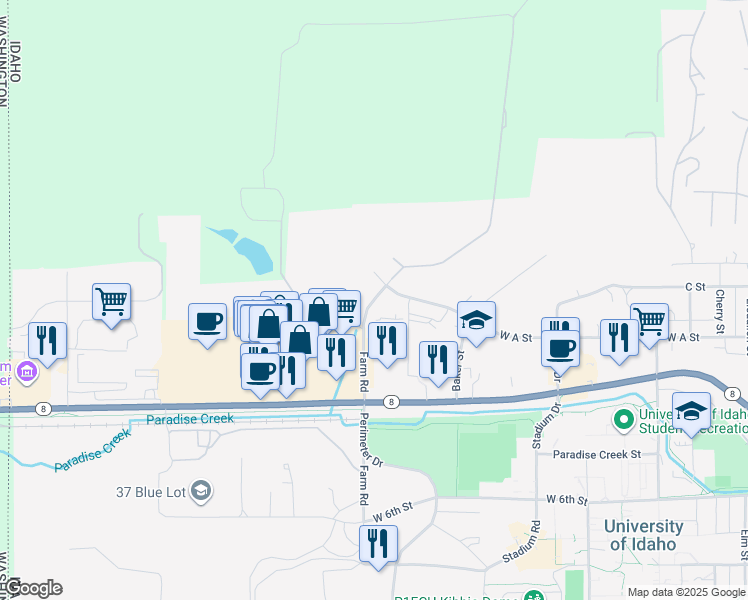map of restaurants, bars, coffee shops, grocery stores, and more near 212 Farm Road in Moscow
