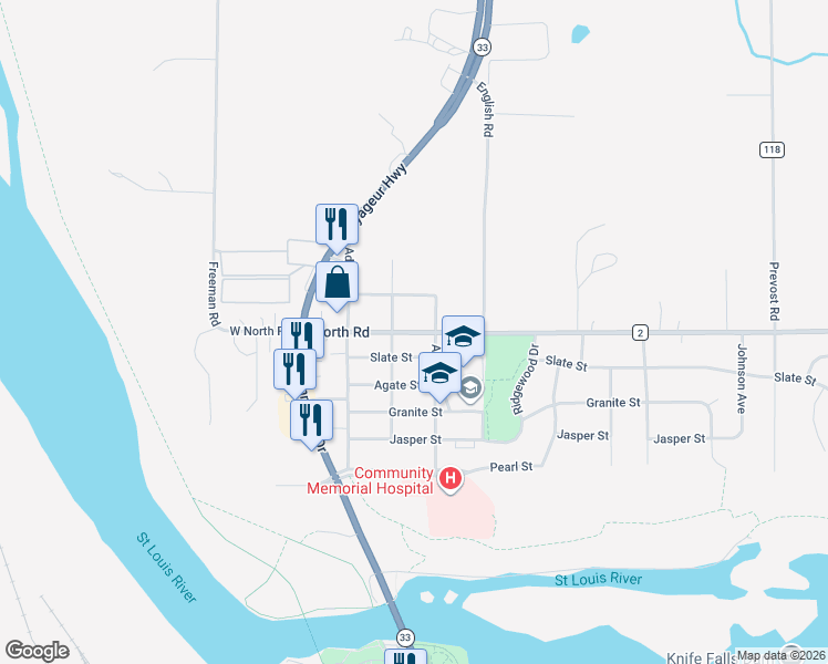 map of restaurants, bars, coffee shops, grocery stores, and more near 416 North Road in Cloquet