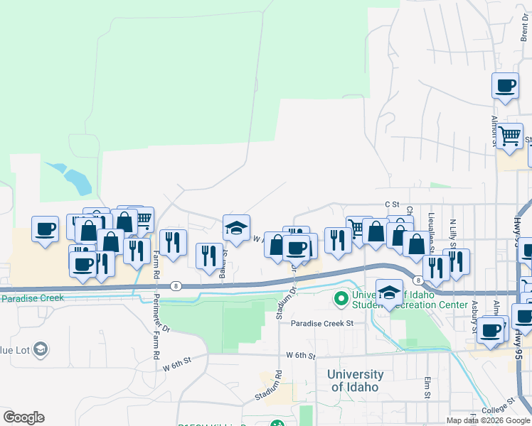 map of restaurants, bars, coffee shops, grocery stores, and more near 240 Baker Street in Moscow