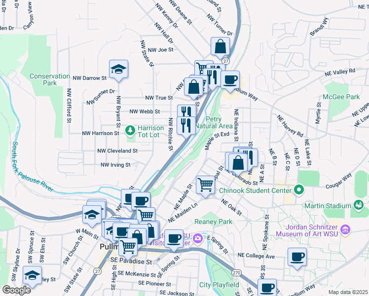 map of restaurants, bars, coffee shops, grocery stores, and more near 740 North Grand Avenue in Pullman