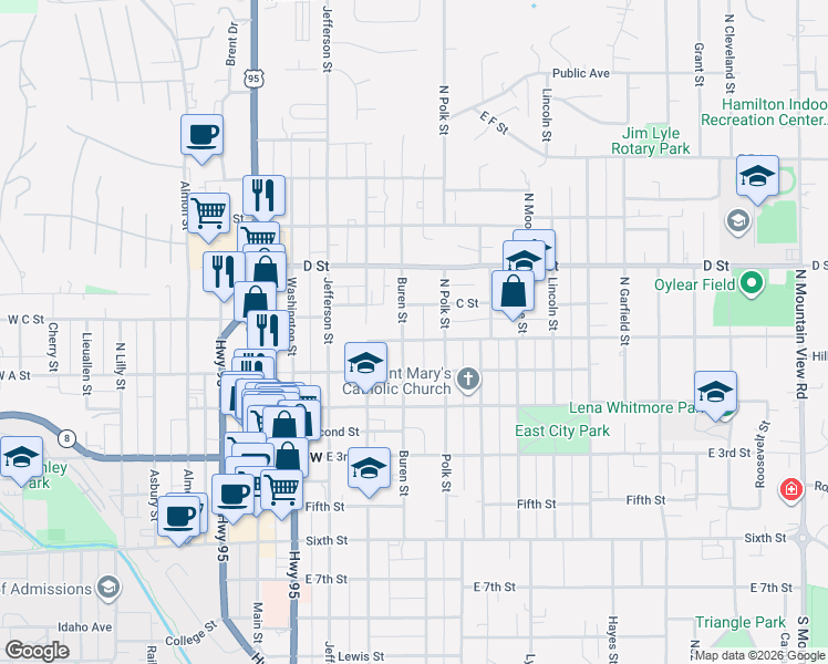 map of restaurants, bars, coffee shops, grocery stores, and more near 512 East B Street in Moscow