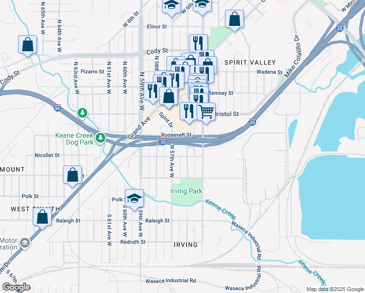 map of restaurants, bars, coffee shops, grocery stores, and more near 109 North 57th Avenue West in Duluth
