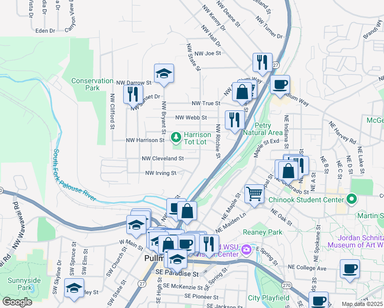 map of restaurants, bars, coffee shops, grocery stores, and more near 312 Northwest Cleveland Street in Pullman