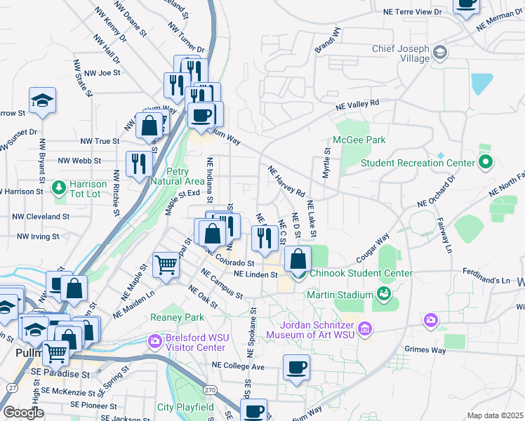 map of restaurants, bars, coffee shops, grocery stores, and more near 22 Northeast Alpha Road in Pullman