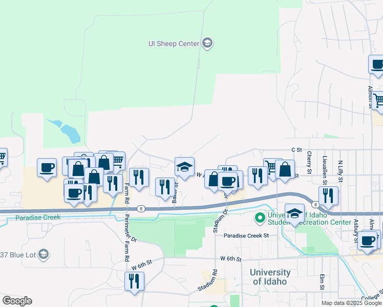 map of restaurants, bars, coffee shops, grocery stores, and more near 224 Baker Street in Moscow