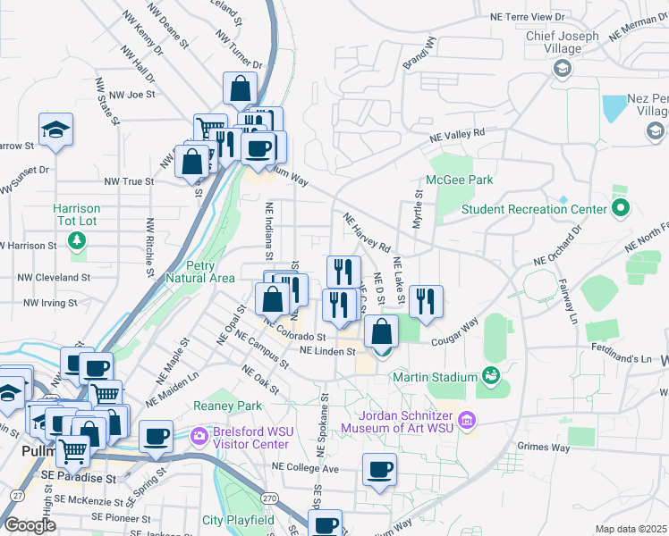 map of restaurants, bars, coffee shops, grocery stores, and more near 22 Northeast Alpha Road in Pullman