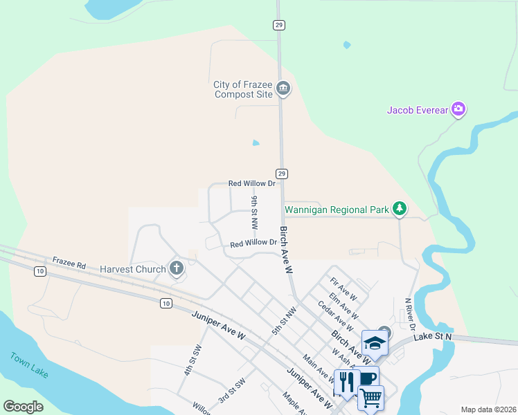 map of restaurants, bars, coffee shops, grocery stores, and more near 606 9th Street Northwest in Frazee