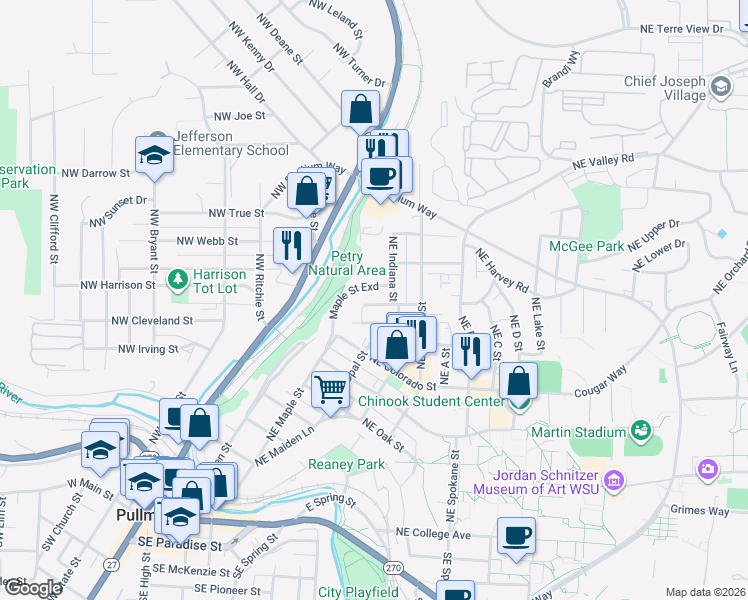 map of restaurants, bars, coffee shops, grocery stores, and more near 430 Northeast Howard Street in Pullman