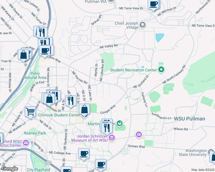 map of restaurants, bars, coffee shops, grocery stores, and more near 1000-1098 NE Creston Ln in Pullman