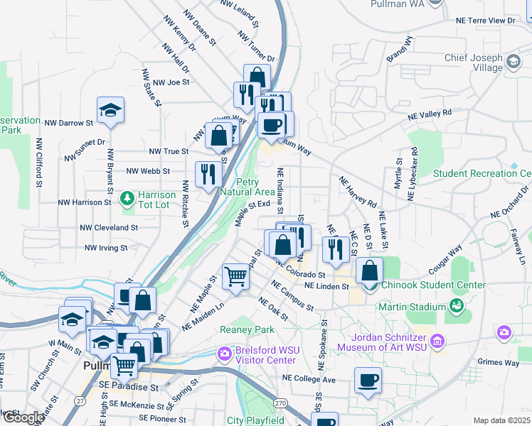 map of restaurants, bars, coffee shops, grocery stores, and more near 430 Northeast Howard Street in Pullman