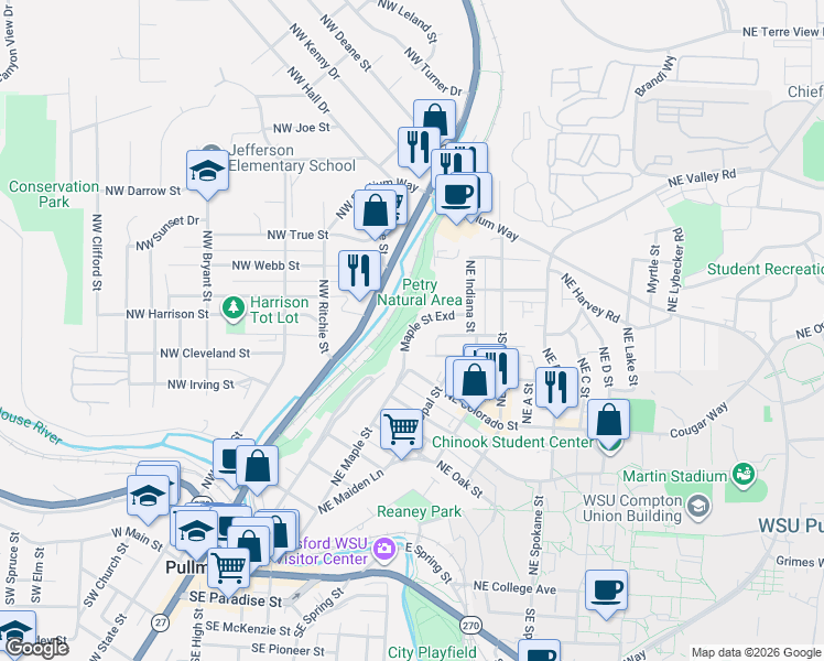 map of restaurants, bars, coffee shops, grocery stores, and more near 745 Northeast Maple Street in Pullman