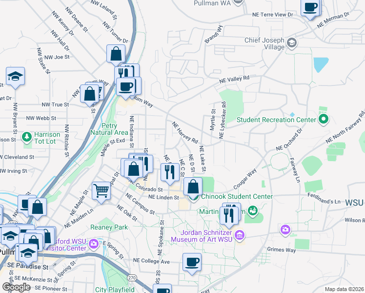 map of restaurants, bars, coffee shops, grocery stores, and more near 1037 Northeast D Street in Pullman