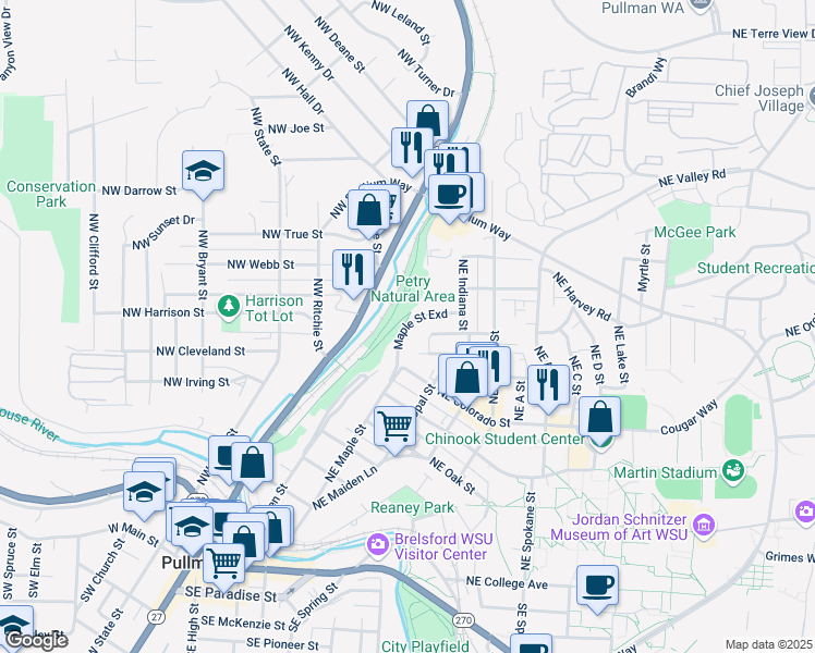 map of restaurants, bars, coffee shops, grocery stores, and more near 745 Northeast Maple Street in Pullman