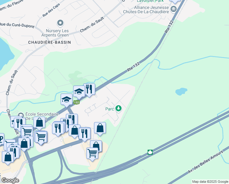 map of restaurants, bars, coffee shops, grocery stores, and more near 455 Rue de Mercure in Lévis