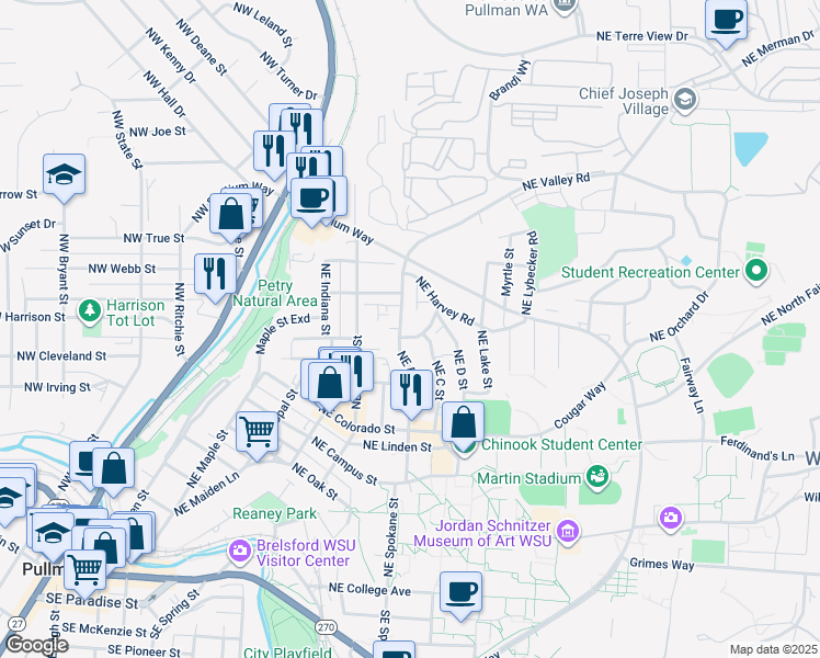 map of restaurants, bars, coffee shops, grocery stores, and more near 22 Northeast Alpha Road in Pullman