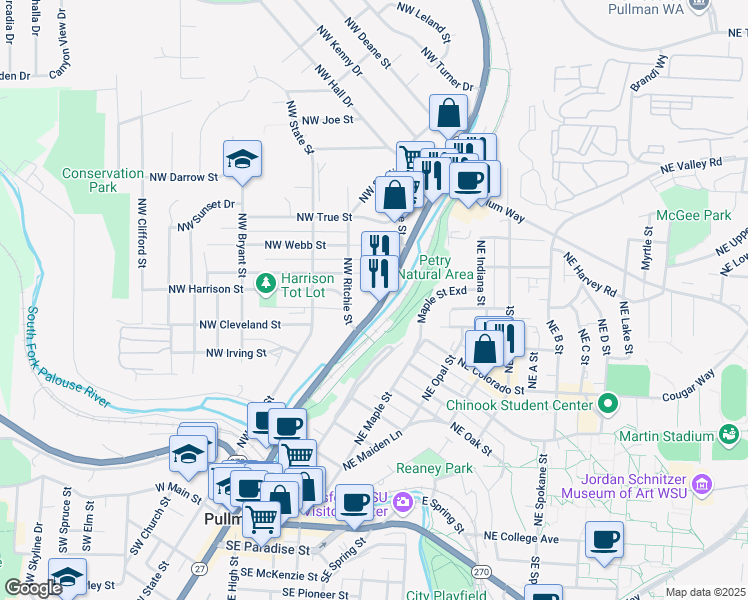 map of restaurants, bars, coffee shops, grocery stores, and more near 740 North Grand Avenue in Pullman