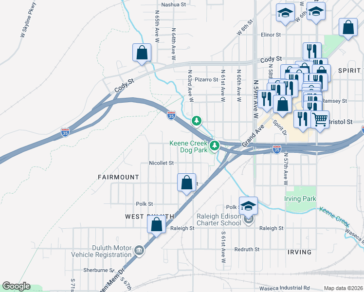 map of restaurants, bars, coffee shops, grocery stores, and more near 111 North 63rd Avenue West in Duluth