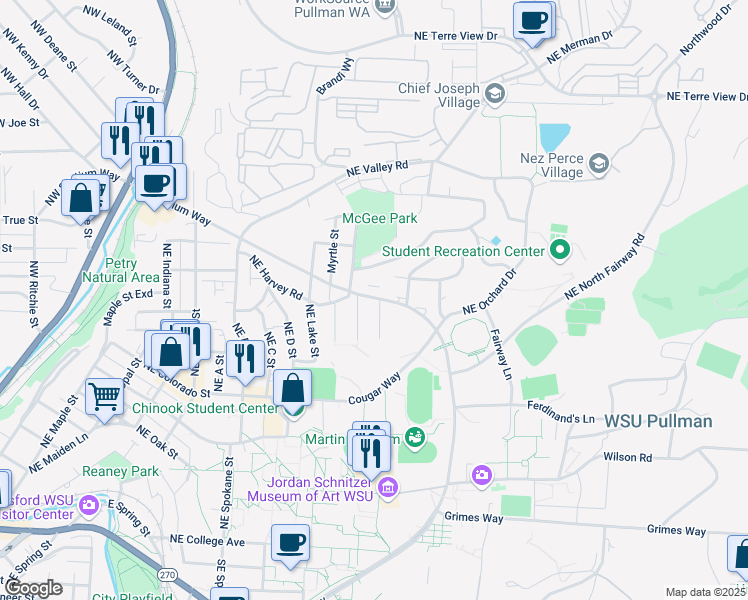 map of restaurants, bars, coffee shops, grocery stores, and more near 1419 Northeast Stadium Way in Pullman
