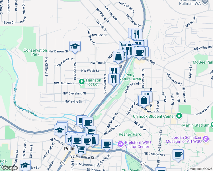 map of restaurants, bars, coffee shops, grocery stores, and more near 223 Northwest Windus Street in Pullman