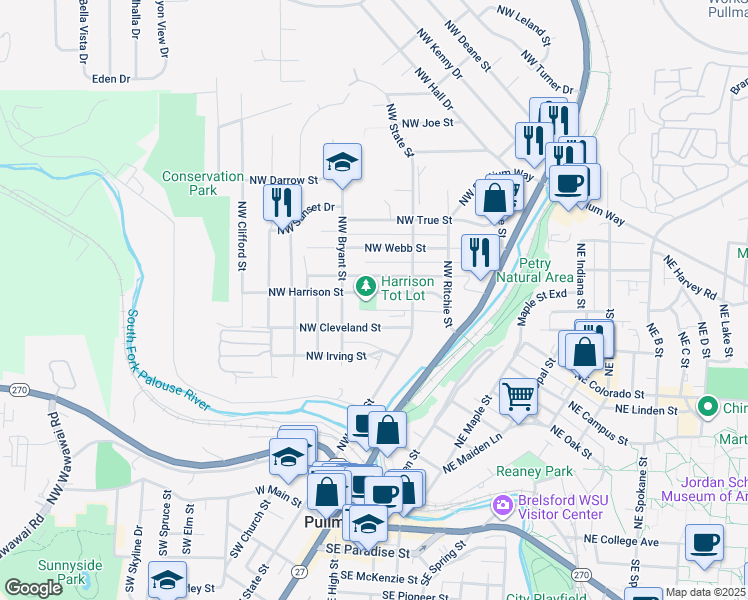 map of restaurants, bars, coffee shops, grocery stores, and more near 337 Northwest Harrison Street in Pullman