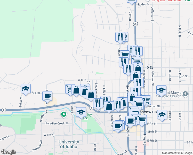 map of restaurants, bars, coffee shops, grocery stores, and more near 543 Residence Street in Moscow