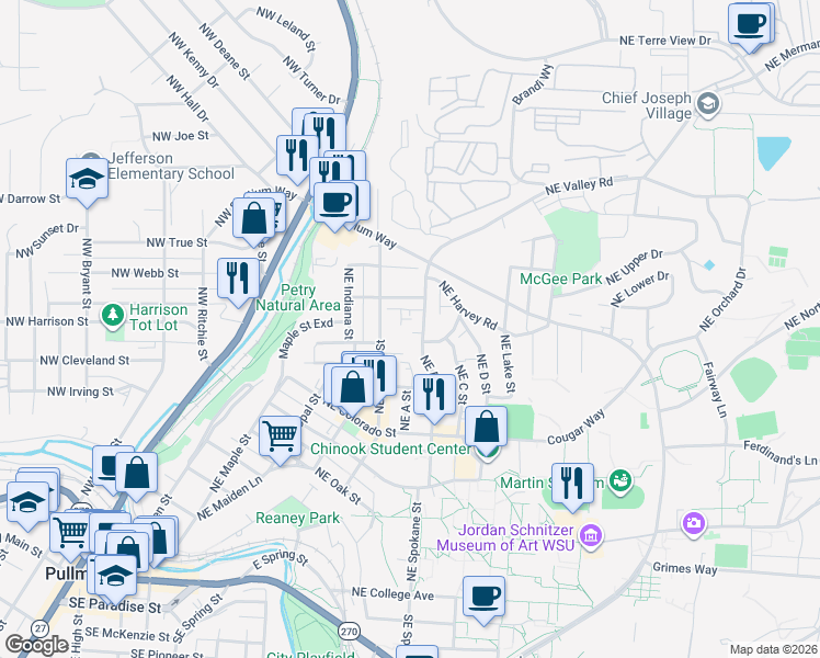 map of restaurants, bars, coffee shops, grocery stores, and more near 1060 Northeast B Street in Pullman