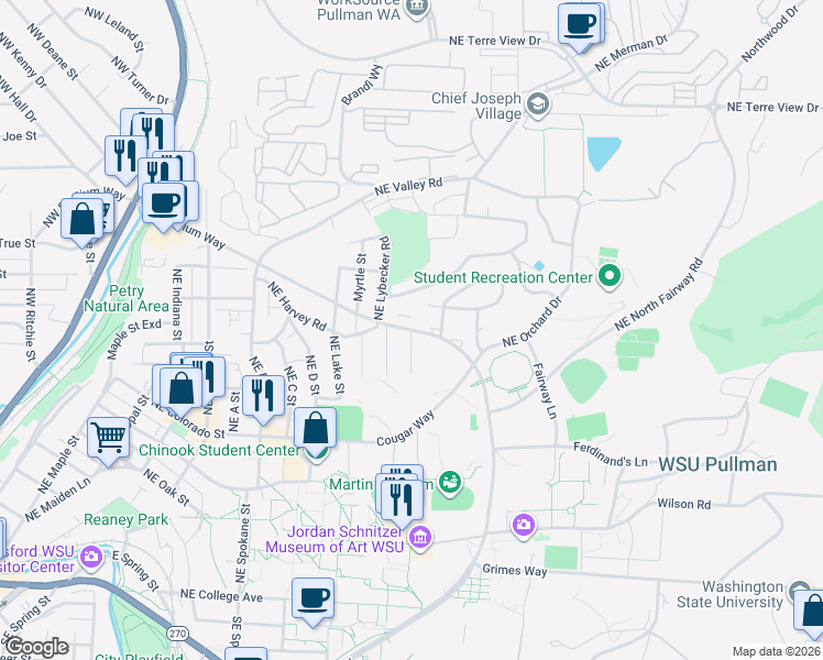 map of restaurants, bars, coffee shops, grocery stores, and more near 1098 NE Creston Ln in Pullman