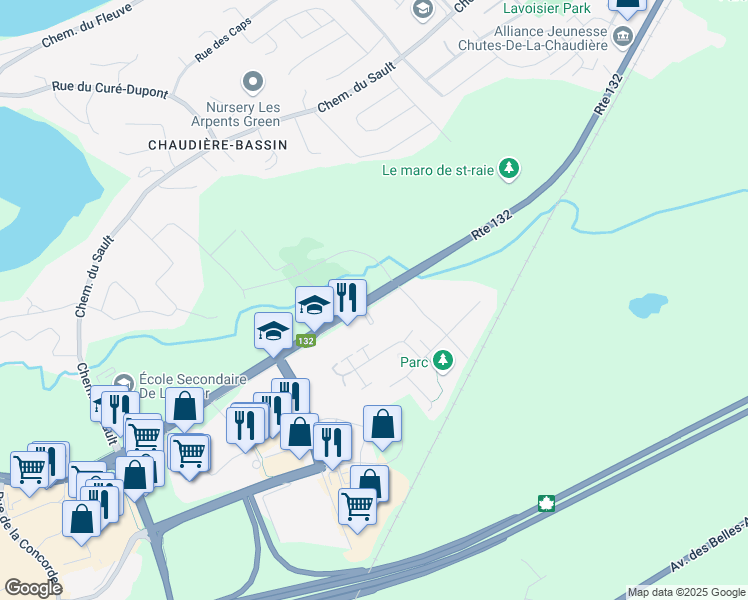 map of restaurants, bars, coffee shops, grocery stores, and more near 1400 Boulevard de la Rive Sud in Levis
