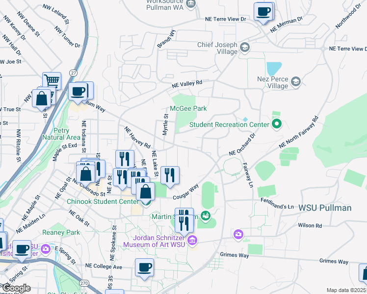 map of restaurants, bars, coffee shops, grocery stores, and more near 1419 Northeast Stadium Way in Pullman
