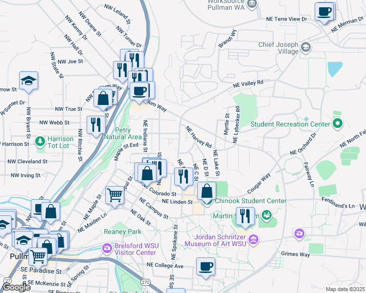 map of restaurants, bars, coffee shops, grocery stores, and more near 1060 Northeast B Street in Pullman