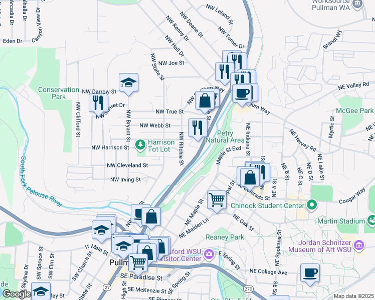 map of restaurants, bars, coffee shops, grocery stores, and more near 223 Northwest Windus Street in Pullman