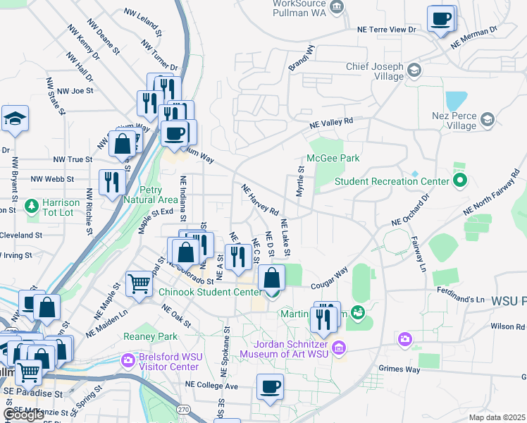 map of restaurants, bars, coffee shops, grocery stores, and more near 1100 Northeast Harvey Road in Pullman