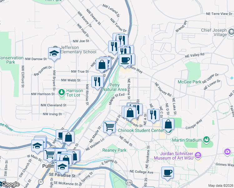 map of restaurants, bars, coffee shops, grocery stores, and more near 935 Northeast Maple Street in Pullman