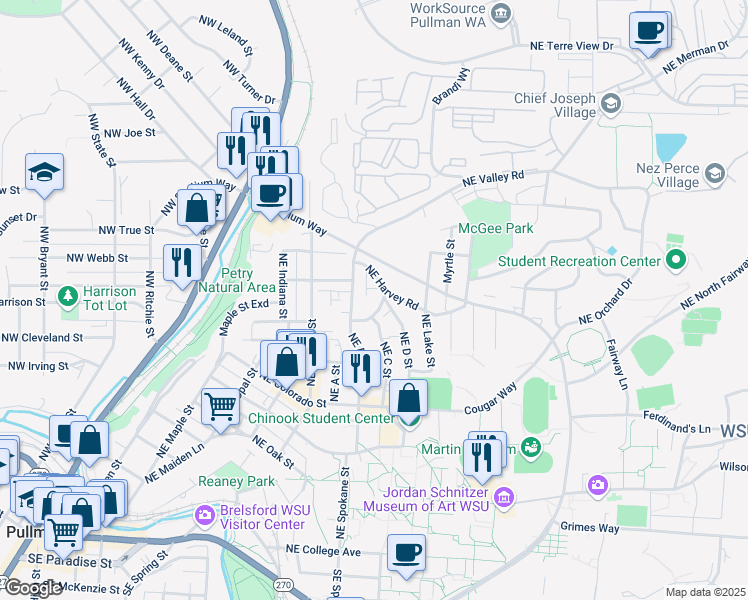 map of restaurants, bars, coffee shops, grocery stores, and more near 1100 Northeast Harvey Road in Pullman