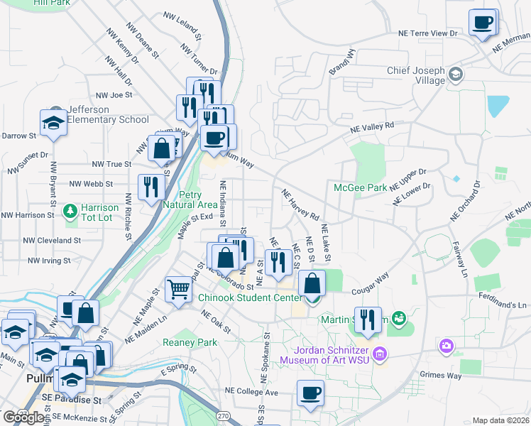 map of restaurants, bars, coffee shops, grocery stores, and more near 1060 Northeast B Street in Pullman