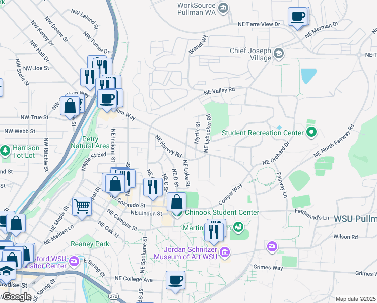 map of restaurants, bars, coffee shops, grocery stores, and more near 1215 Northeast Stadium Way in Pullman