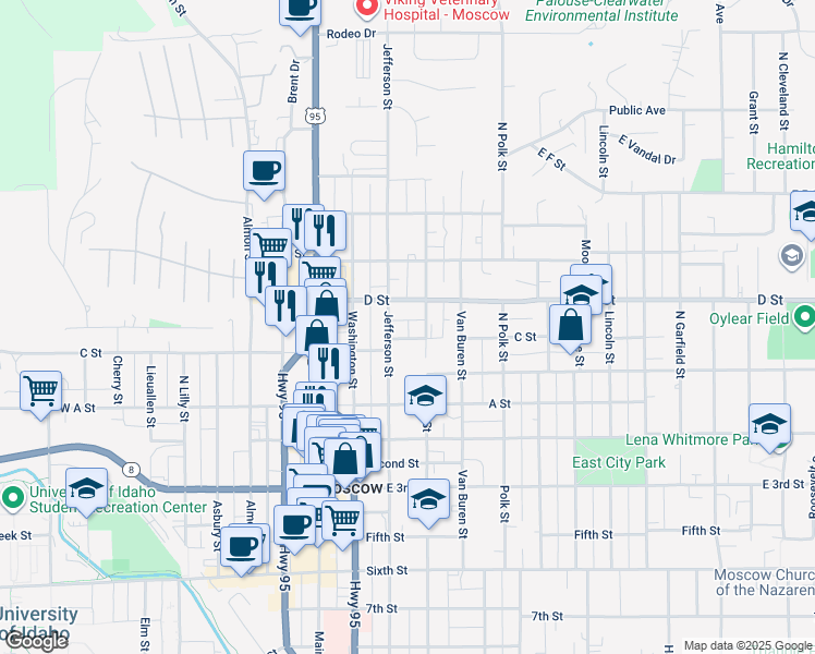 map of restaurants, bars, coffee shops, grocery stores, and more near 228 North Jefferson Street in Moscow