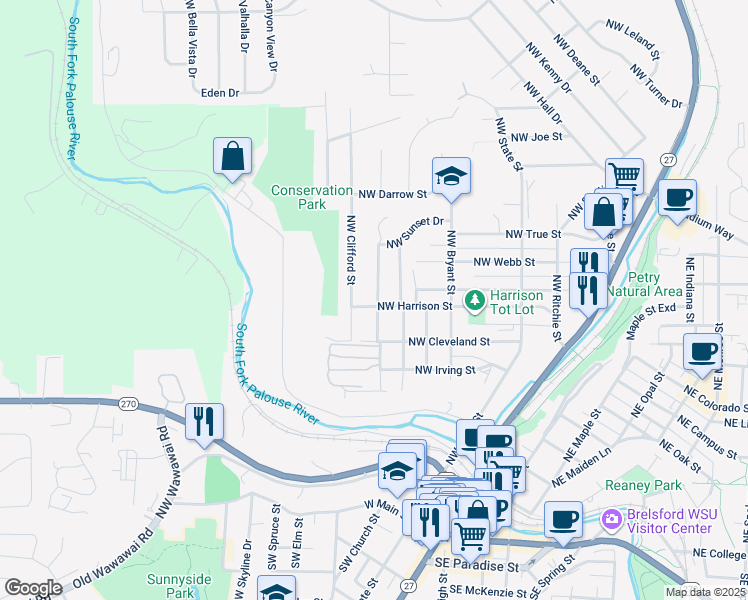 map of restaurants, bars, coffee shops, grocery stores, and more near 820 Northwest Fisk Street in Pullman