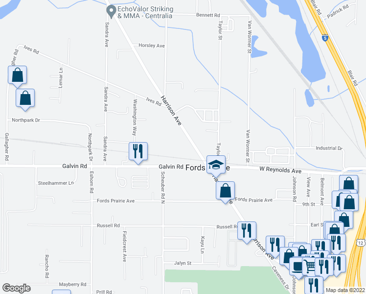 map of restaurants, bars, coffee shops, grocery stores, and more near 1741 Harrison Avenue in Centralia