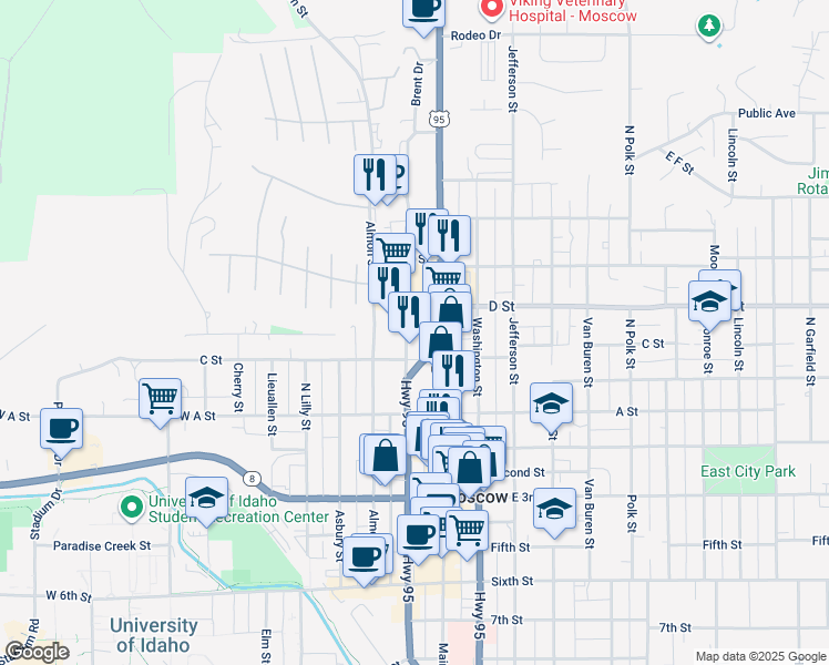 map of restaurants, bars, coffee shops, grocery stores, and more near 341-401 North Jackson Street in Moscow