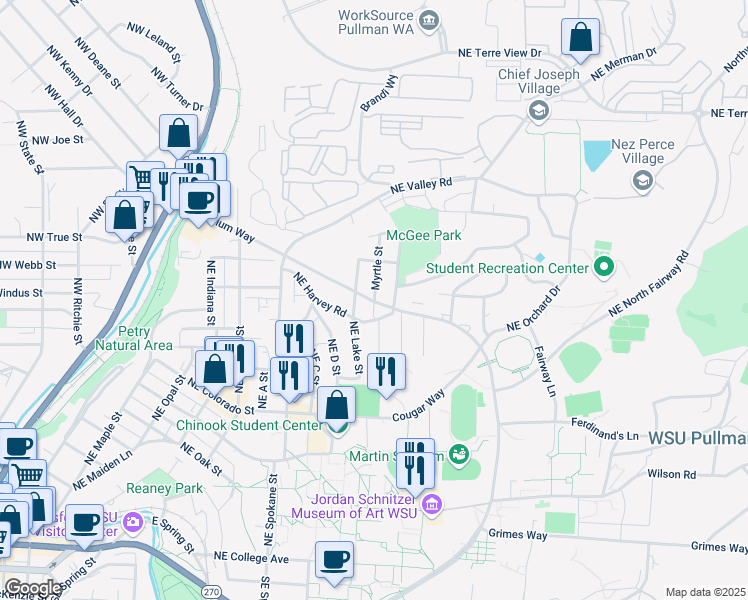 map of restaurants, bars, coffee shops, grocery stores, and more near 1775 Northeast Stadium Way in Pullman
