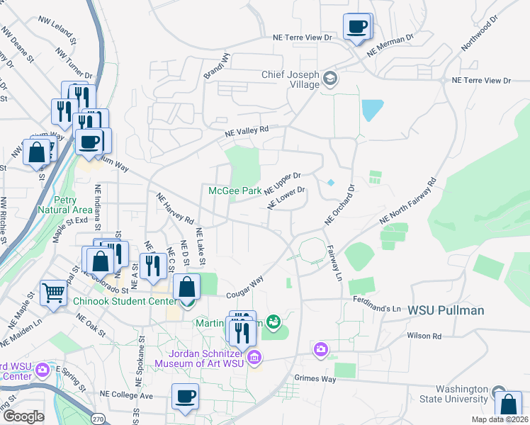map of restaurants, bars, coffee shops, grocery stores, and more near 1610 Northeast Gaines Street in Pullman