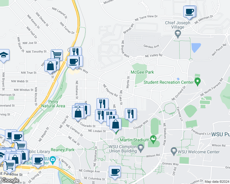 map of restaurants, bars, coffee shops, grocery stores, and more near 1100 Northeast Harvey Road in Pullman