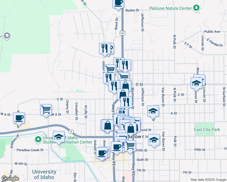 map of restaurants, bars, coffee shops, grocery stores, and more near 341 North Jackson Street in Moscow