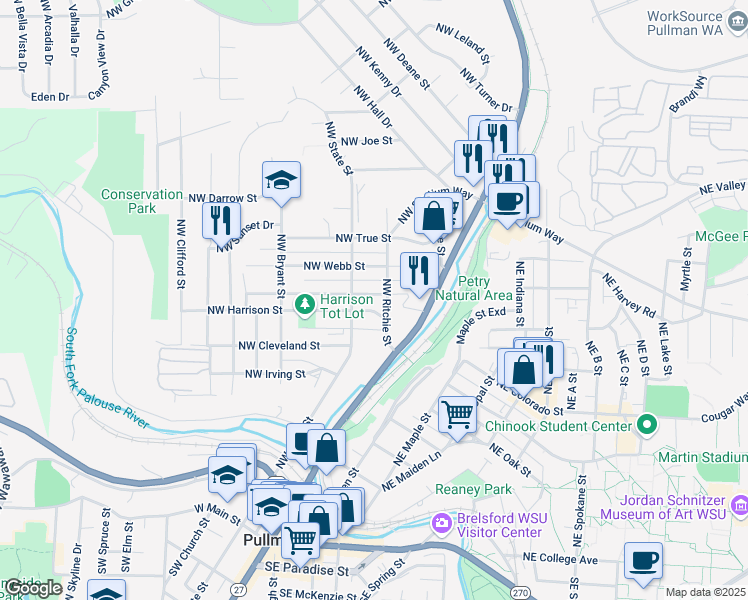 map of restaurants, bars, coffee shops, grocery stores, and more near 223 Northwest Windus Street in Pullman