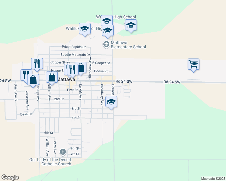 map of restaurants, bars, coffee shops, grocery stores, and more near 403 Boundary Avenue in Mattawa