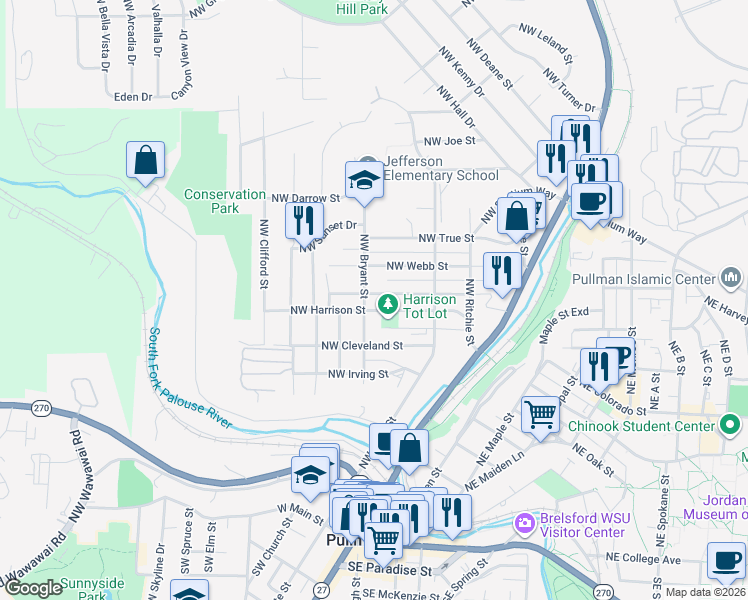 map of restaurants, bars, coffee shops, grocery stores, and more near in Pullman