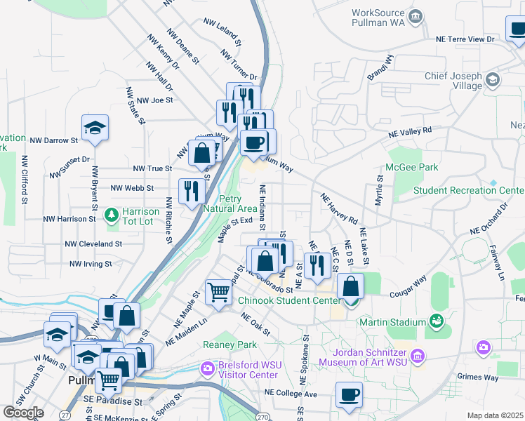 map of restaurants, bars, coffee shops, grocery stores, and more near Northeast Indiana Street in Pullman